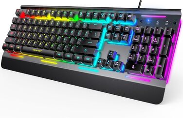 TECKNET RGB ігрова клавіатура для ПК, мембранна, 105 клавіш, повнорозмірна металева панель, підставка для зап'ястя, 15 зон RGB підсвічування, 25 антиблінгувальних клавіш, QWERTY (американська)