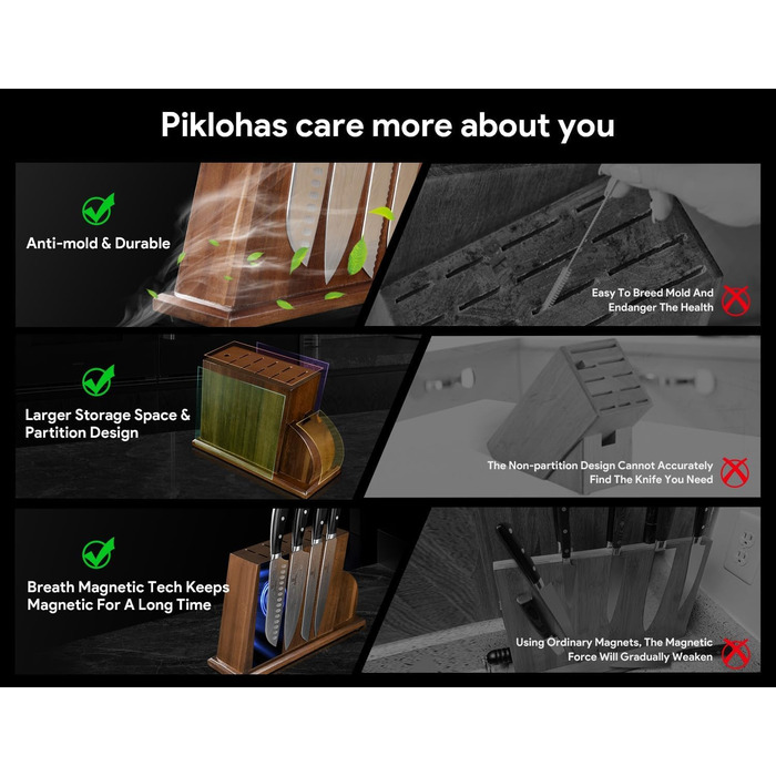 Набір кухонних ножів Piklohas 17 предметів з блоком, професійний набір з підставкою з дерева, з дамастним візерунком, з точилкою