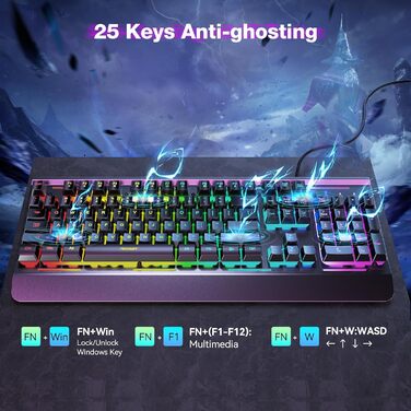 TECKNET RGB ігрова клавіатура для ПК, мембранна, 105 клавіш, повнорозмірна металева панель, підставка для зап'ястя, 15 зон RGB підсвічування, 25 антиблінгувальних клавіш, QWERTY (американська)