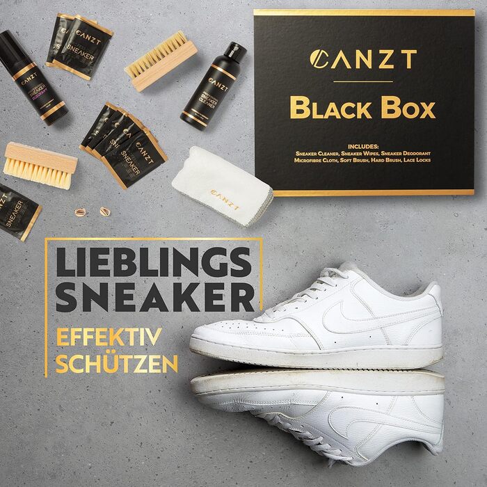 Canzt Sneaker Cleaning Set Black Box Premium Shoe Care Set for Suede, Nubuck, Leather & Canvas – Incl. Sneaker Cleaner, Cloth, Shoe Brushes, Sneaker Wipes & Deo