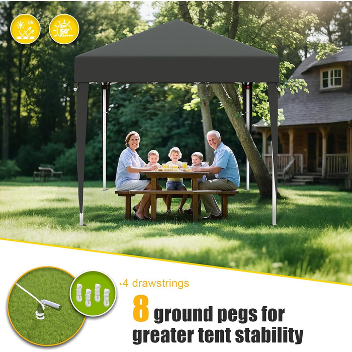 Devoko Gazebo, 2x2 Meter Waterproof, Stable, Winter-Proof, 3-Position Height Adjustment, Foldable Gazebo UV Protection 50+, Folding Tent, Foldable Gazebo with Carry Bag, For Garden, Outdoor, Camping, Grey