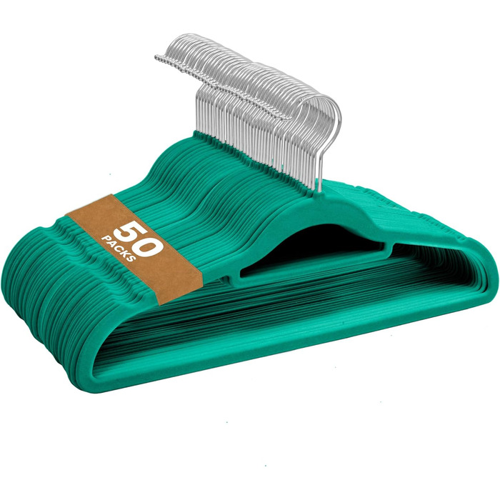 Набір плечиків для одягу з велюру, 50 шт. (блакитно-зелений) – антиковзаючі, з органайзером для краваток, обертові гачки