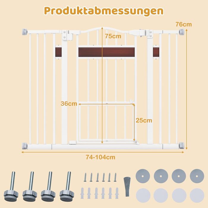 Захист для дверей Costway для собак, 74-104 см, 76 см заввишки, з маленькими дверцятами, 2 розширення, автозакривання та подвійний замок, без свердління, висувний захист для собак (білий)