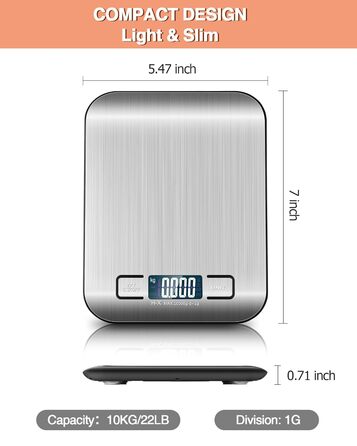 Цифрова кухонна вага 10 кг з LCD дисплеєм та функцією тарування, для випічки, приготування їжі та зважування ювелірних виробів, 1г, срібна, K1H