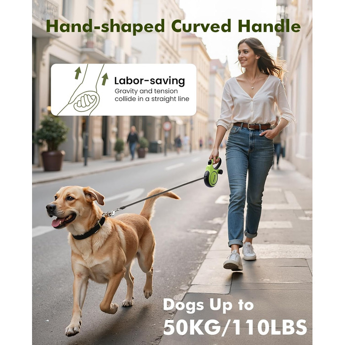 Рулетка для собак Pecute 8м, бісостійка, з набором для збору відходів, 360° без перекручування, для собак середніх та великих (15-50кг), зелена