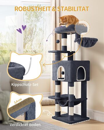 Дерево для котів Hzuaneri, 149 см, з 5 стовпчиками для шліфування, великими платформами, гніздом-хованкою, багатоярусне, з помпонами, MS14918LG (темно-сірий)