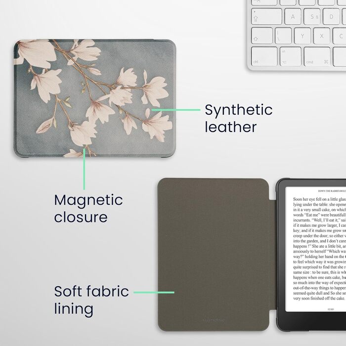 Чохол-книжка kwmobile для Amazon Kindle Paperwhite (2024)/Colorsoft: Захисний чохол з квітковим дизайном, магнітний замок, блакитно-червоно-білий колір, Magnolien Taupe Weiß, Blaugrau