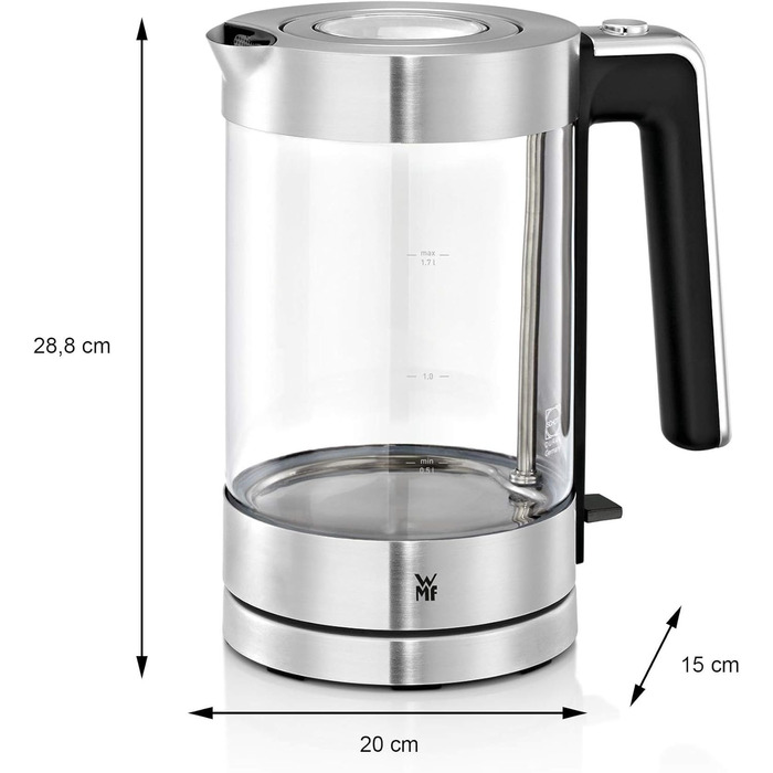 WMF Lono Glass Kettle 1.7 Liter, Glass Kettle with Scale Filter, Cordless, 3000 Watts, Matte Stainless Steel