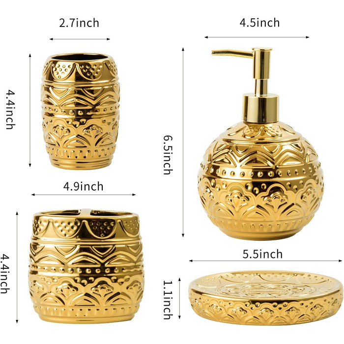 Набір аксесуарів для ванної кімнати, 4 шт. з золотим декором: мильниця, дозатор для мила, стакан та тримач для зубних щіток