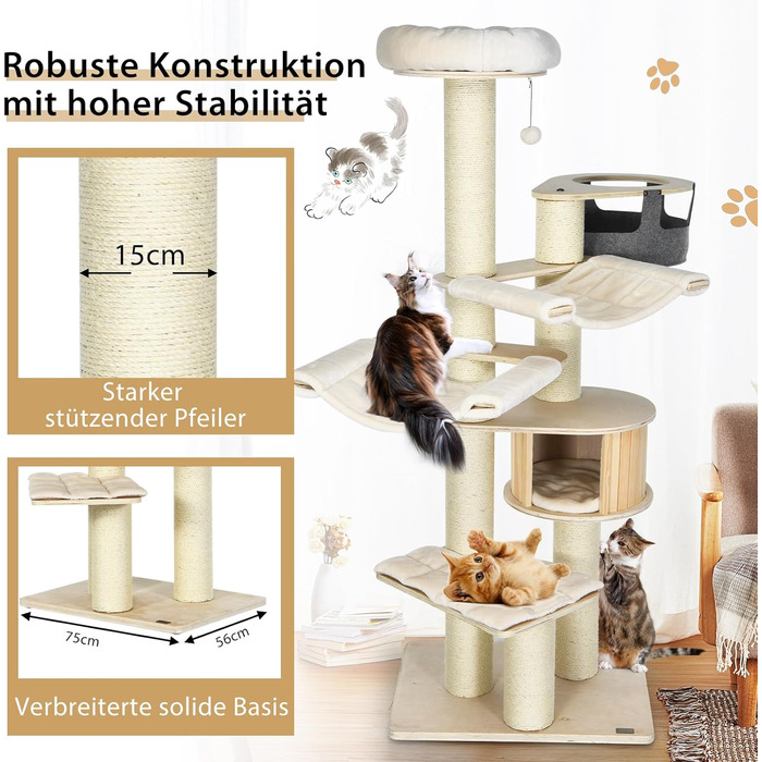 Дерев'яний кігтеточки для котів Costway 7-ярусний, 197 см з гамаком, будиночком та кошиком, товщина стовпів 15 см, бежевий