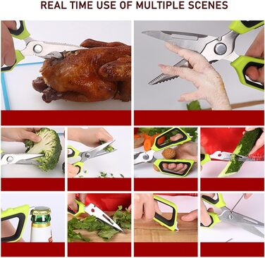 The multifunctional scissors, poultry shears, and seafood shears. This three-piece set meets most kitchen needs, premium heavy-duty scissors.