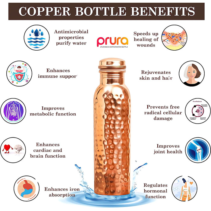 Ayurvedic copper water bottle, leak-proof, pure copper vessel 900ml/30oz, design 9