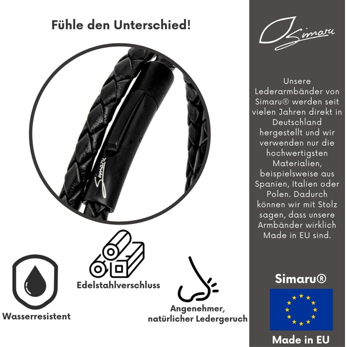 Преміум шкіряний браслет ручної роботи з Німеччини: унісекс, обплетений, з застібкою з нержавіючої сталі (S - до 16 см, чорний)