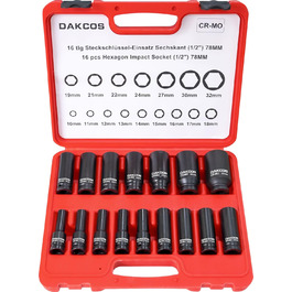 Набір ударних шестигранних головок DAKCOS 16 шт. 1/2'' 10-32 мм, CR-MO, для гайковерта