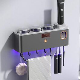 Wall-Mounted Toothbrush Holder with Toothpaste Dispenser, Smart Clean Toothbrush Holder with Solar Charging, Multifunctional Toothbrush Holder Set with 3 Cups and Towel Holder (3 Cups, Gray)