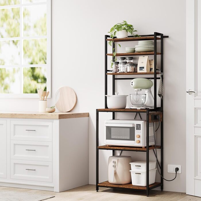 Кухонна полиця WOLTU з 6 ярусами та розетками, мікрохвильова полиця з 6 гачками, полиця пекаря з металевим каркасом, регульовані полиці, Чорний+Рустикальне коричневий, 60 x 167 x 40 см, Чорний+Вінтажний коричневий 60 x 39,5 x 167 см