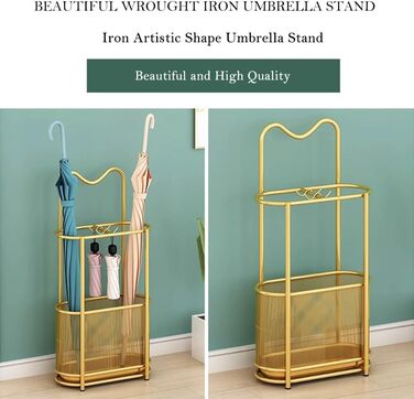 Металева підставка для парасоль та тростинок SINBINTA, з гачками та піддоном, для прихожого/входу (Золота)