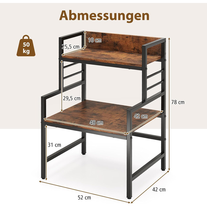 Підставка для мікрохвильової печі COSTWAY з 3 рівнями та металевим каркасом, 52 x 42 x 78 см, до 50 кг
