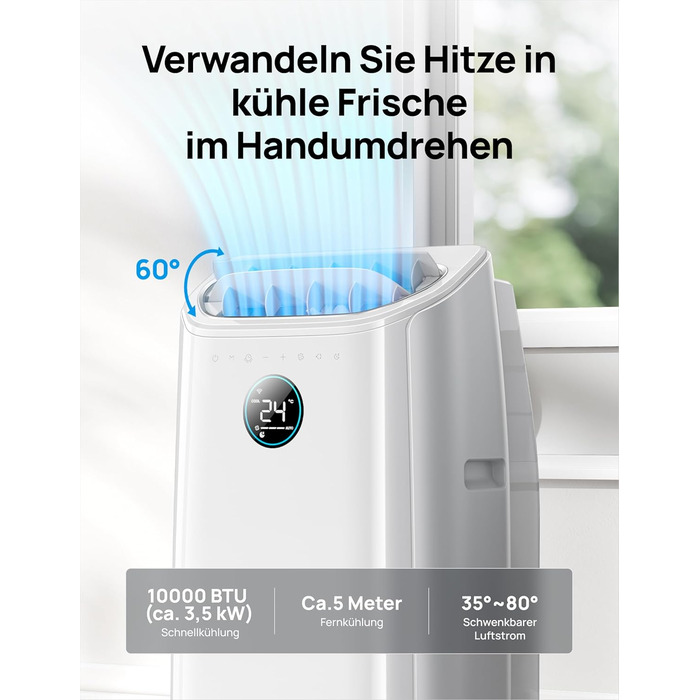 Мобільний кондиціонер Dreo 10000 BTU з охолодженням без дренажу, керуванням через додаток/голос/пульт, таймером 24 год та функцією вентилятора/зневожувача, AC515S