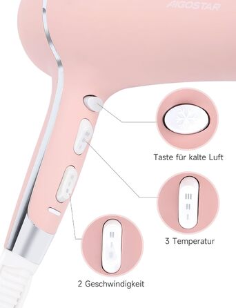 Фен Aigostar Lora рожевий 2400W з іонізацією, 3 температурні режими та 2 швидкості повітря