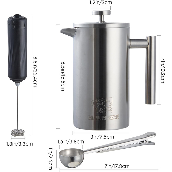 Набір для приготування кави френч-прес, 1 літр, з молочний спінювач, з нержавіючої сталі, термоізольований