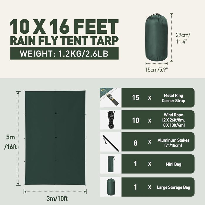 VOSOIR Waterproof Camping Tarp - 3x3/3x5M - UV Protection, Lightweight, with Grommets, Stakes & Rope - for Camping, Hiking, Picnics, Hammocks