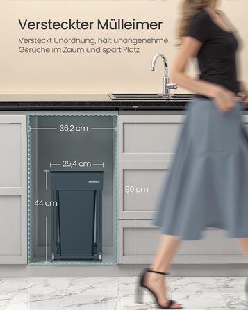 Відро для сміття SONGMICS для кухні з роздільним контейнером, 2 відсіки по 15 л, висувний, сталевий каркас, ABS-кришка (сірий)