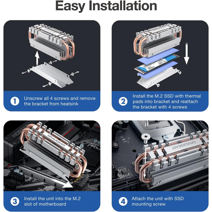 Радіатор для SSD M.2 2280 NVMe SATA з тепловою трубою, подвійний мідний радіатор, алюмінієва пластина, 2 термопади, 3.4 см [G-M2HS06]