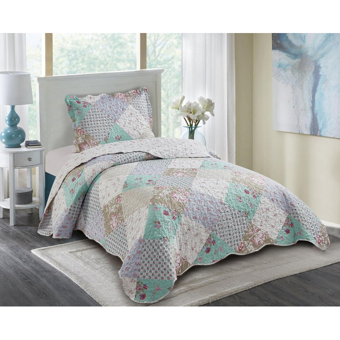 Набір постільної білизни Brilliant Sunshine Grey Heart Love Patchwork: ковдра та наволочка, двоспальне ліжко, блакитно-зелений, стегане покривало