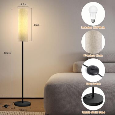 Стійка лампа для вітальні з 3 колірними температурами, 12W E27, бавовняний абажур, вимикач на нозі, LED диммер, підходить для спальні, читання, офісу (сучасний)