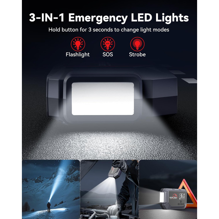 Портативний пусковий пристрій OGORI з компресором 150 PSI та LED-ліхтариком, 7000A, для автомобілів 12V (8L бензин/10L дизель)