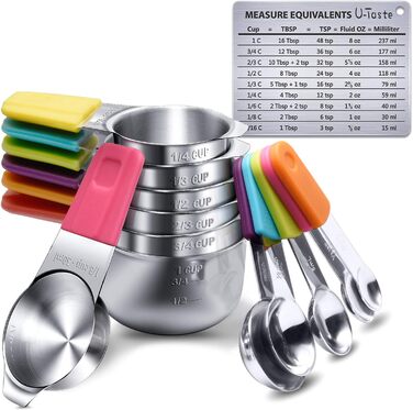 Magnetic Measuring Cups and Spoons, 13-Piece Set Made of 18/8 Stainless Steel: 7 Cup Measuring Cups and 5 tsp/tbsp Measuring Spoons and 1 Professional Conversion Chart for Magnetic Measurements (Multicolor)