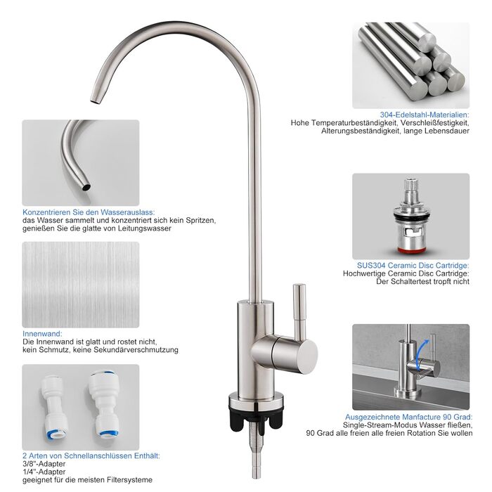 Кран кухонний для фільтрації води, з висувною лійкою, з нержавіючої сталі, 360° обертання, кухонний змішувач для фільтрів, брашований нікель
