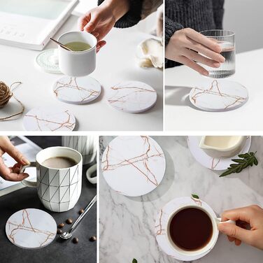 Fun coasters for drinks, marble-style, absorbent ceramic coasters with metal stand, housewarming gifts, decor set of 6, with cork base for wood table (White)
