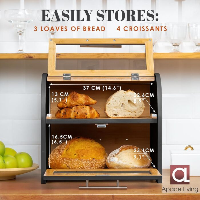Бак для хліба Arise з вентиляцією, великий контейнер для зберігання хліба, 2 полиці та вікно, дерев'яний контейнер для хліба, булочок, хлібосховище. 40 x 26 x 37, бамбук чорного кольору, самостійна збірка