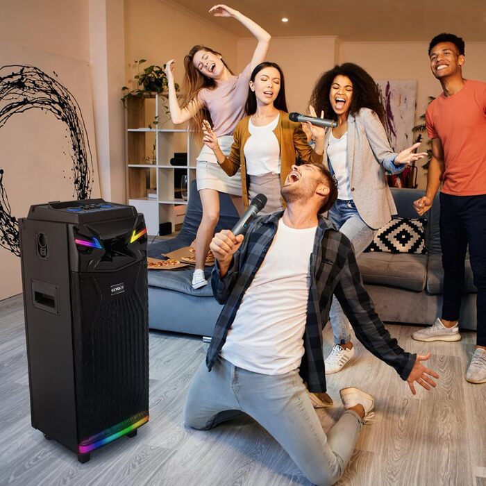 Bluetooth Караоке Машина DSP з 2 Мікрофонами та 2 × 10” Динаміками, Портативна PA-система для Дорослих та Дітей, USB-C Запис, Ефекти DJ, FM, Підтримка TV/Проектора GTSK210-1