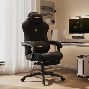 Ігровий крісло Dowinx з кишеньковим пружинним блоком, ергономічне, з масажем, з підголівником та підніжкою, для ігор та офісу (Чорний, Титан)