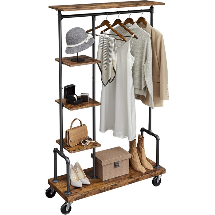 VASAGLE Clothes Rack on Wheels, Coat Rack, Clothes Rail with 5 Shelves, 40 x 103.5 x 174.5 cm, Industrial Design, Steel Frame, Vintage Brown-Black HSR66BXV1