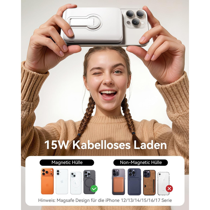 Магнітний Power Bank для MagSafe 12000mAh 22.5W з PD, LED-дисплеєм та USB-C для iPhone 17/16/15/14/13/12 Pro Max, білий