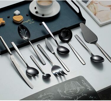 Berglander Black Silverware Serving Set, 10-Piece, Stainless Steel Cutlery Serving Set with Black Titanium Coating, Serving Spoon, Silver Serving Utensil, Rustproof, Lead-Free (10 Pieces)