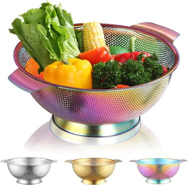 Ситечко Kyraton Gold Colander 5 Quart з нержавіючої сталі з покриттям з титану та золота, професійне, з міцними ручками та кільцем для самостійного зливу, легко миється, придатне для миття в посудомийній машині