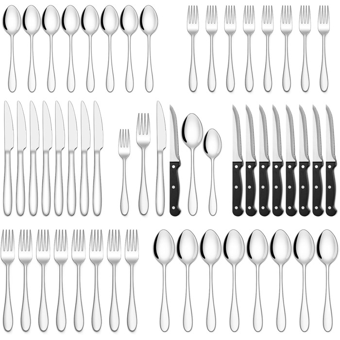 12-Person Cutlery Set, 72-Piece Stainless Steel Cutlery Set with Steak Knives, Eating Utensil Set with Knife Fork Spoon, Elegant Dinnerware for Restaurant/Party, Dishwasher Safe