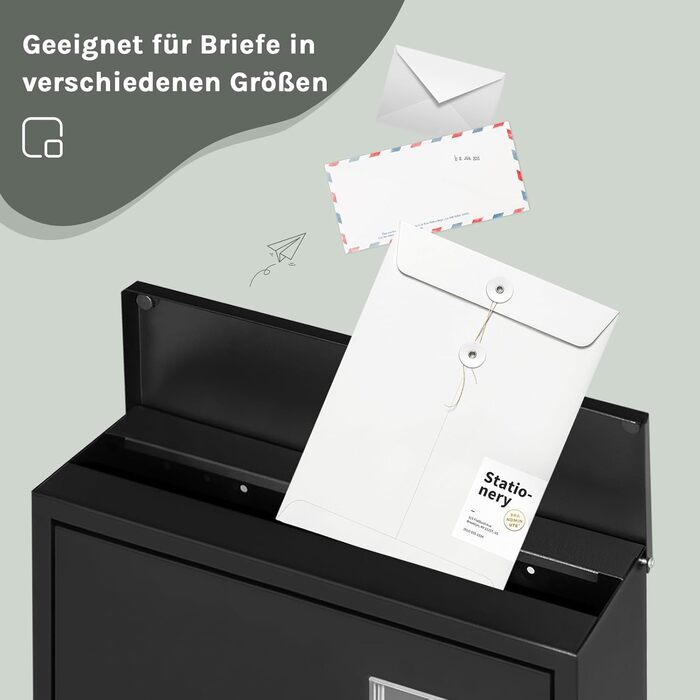 Поштовий ящик WOLTU з газетницею, оглядовим вікном та табличкою для імені, настінний, замиканий (2 ключі), сучасний дизайн, чорний (30,5x33,5x9 см)