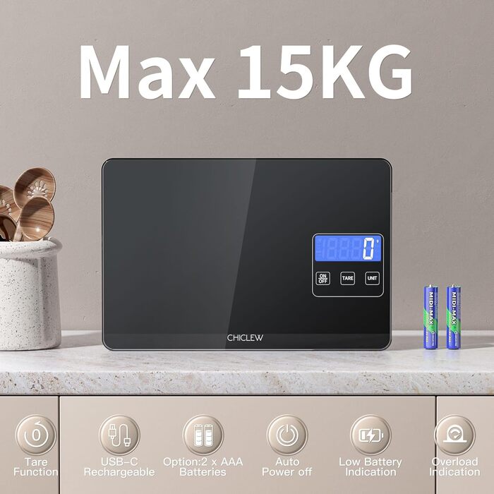 Електронна кухонна вага CHICLEW 15 кг з LCD дисплеєм, 5 одиниць вимірювання, скло, чорний