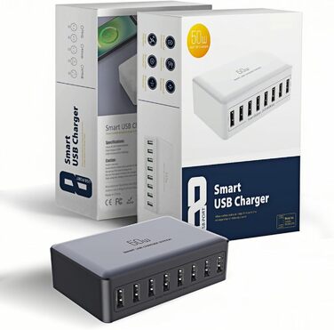 Зарядний пристрій USB 50W мережевий адаптер 8 портів для iPhone 15/14/13/12 Pro Max, iPad, Samsung, Google Pixel - Чорний