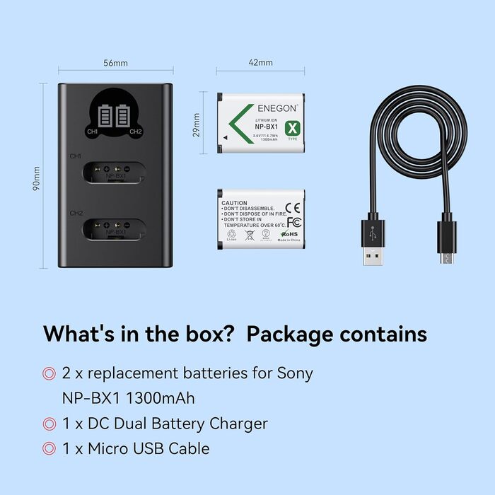 Акумулятор ENEGON NP-BX1 (1300mAh, 2 шт.) з LCD-зарядним пристроєм для Sony NP-BX1, ZV-1, Cyber-Shot DSC-RX100 (усі моделі) та HDR-CX405