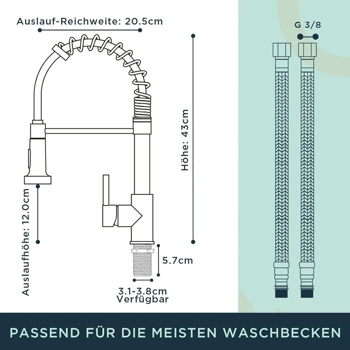 Кран кухонний FORIOUS з високим виливом, поворотний на 360°, з висувною лійкою, нержавіюча сталь, щітка