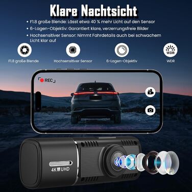 Автомобільний відеореєстратор 4K + 1080P з передньою та задньою камерами, 64GB SD карта, 5GHz WiFi, 1.97