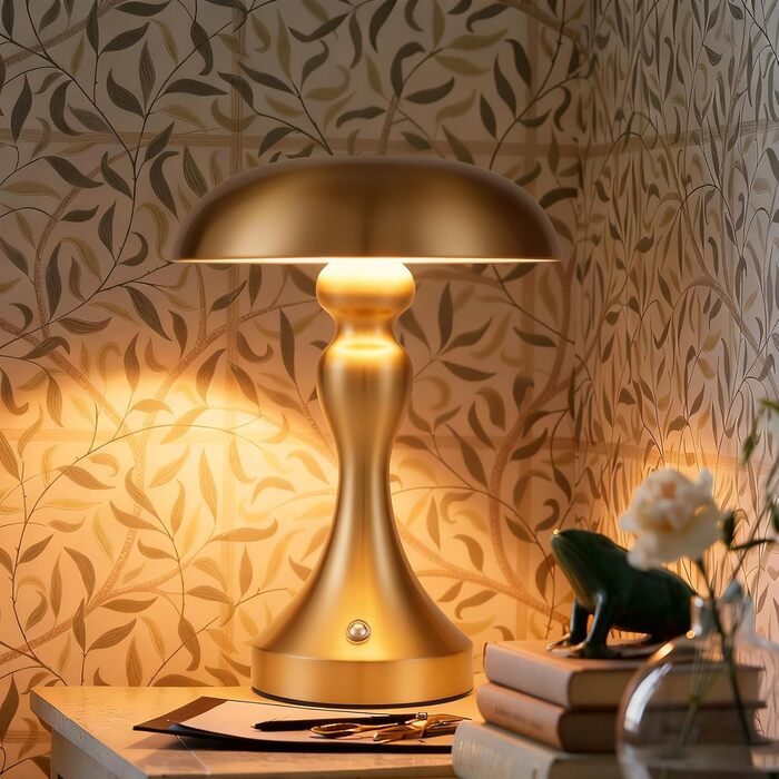 Бездротова настільна лампа з LED-підсвічуванням - торшер на акумуляторі, сенсорне керування, регулювання яскравості, вінтажний дизайн, USB-зарядка, нічник для спальні/вітальні, золото/бронза