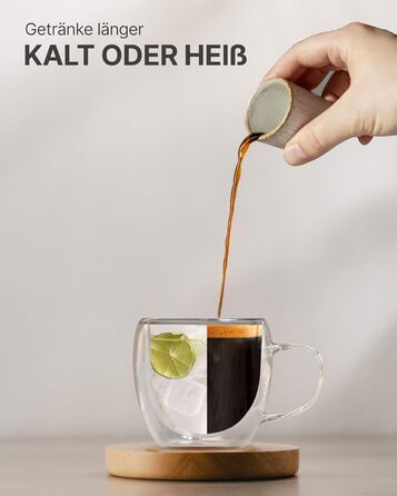 Набір кавових чашок Lemontree 4 шт. 250 мл з боросилікатного скла (80 мл еспресо) - для капучино, лате макіато, професійного використання, подвійні стінки, термостійкі